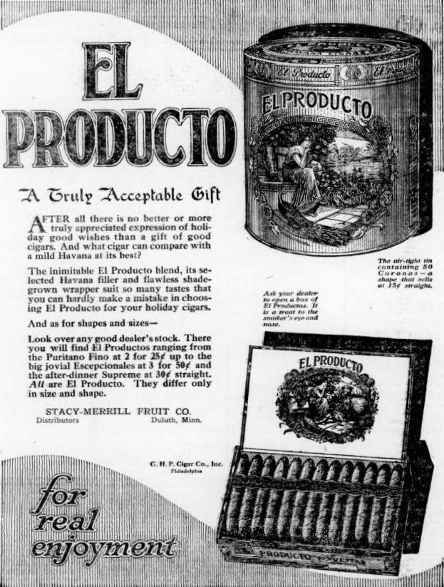 1920 El Producto cigar advertisement showing a tin of 50 Coronas and a boxed gift presentation