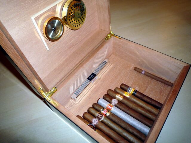An open humidor filled with cigars